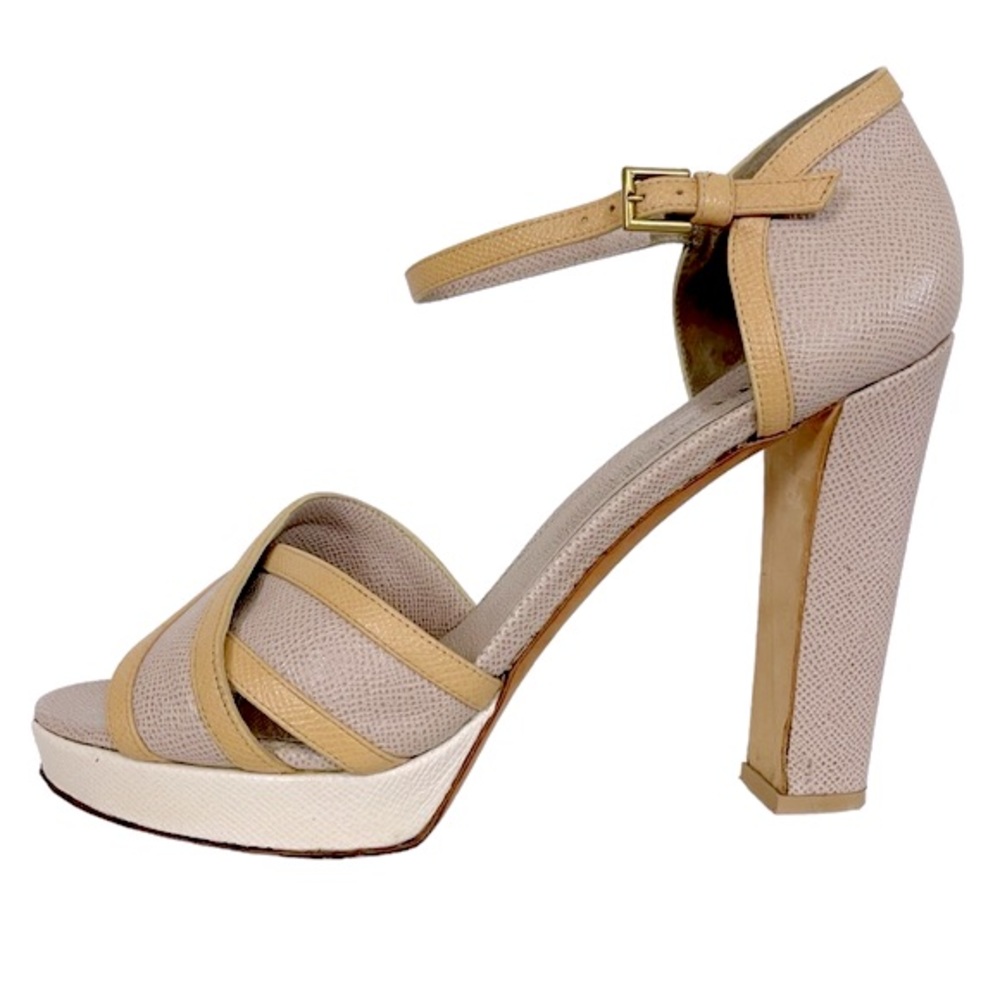 ICEBERG Taupe Tan Saffiano Leather Chunky Heel Platform Sandal